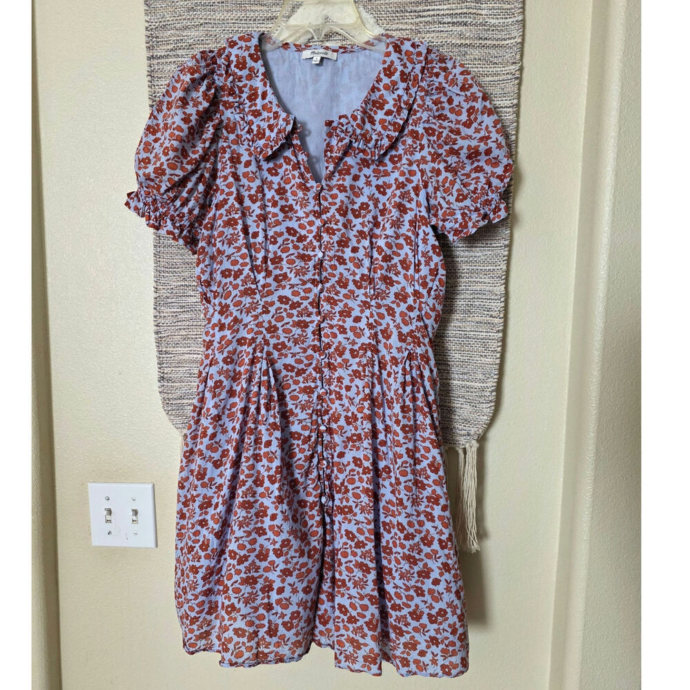 Madewell Floral Dress Size 4 Blue Rust Ruffle Puff Sleeve Button Front Boho
